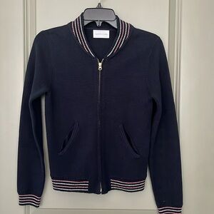 Tsumori Chisato zip front sweater with collegiate style trim. navy. extra small